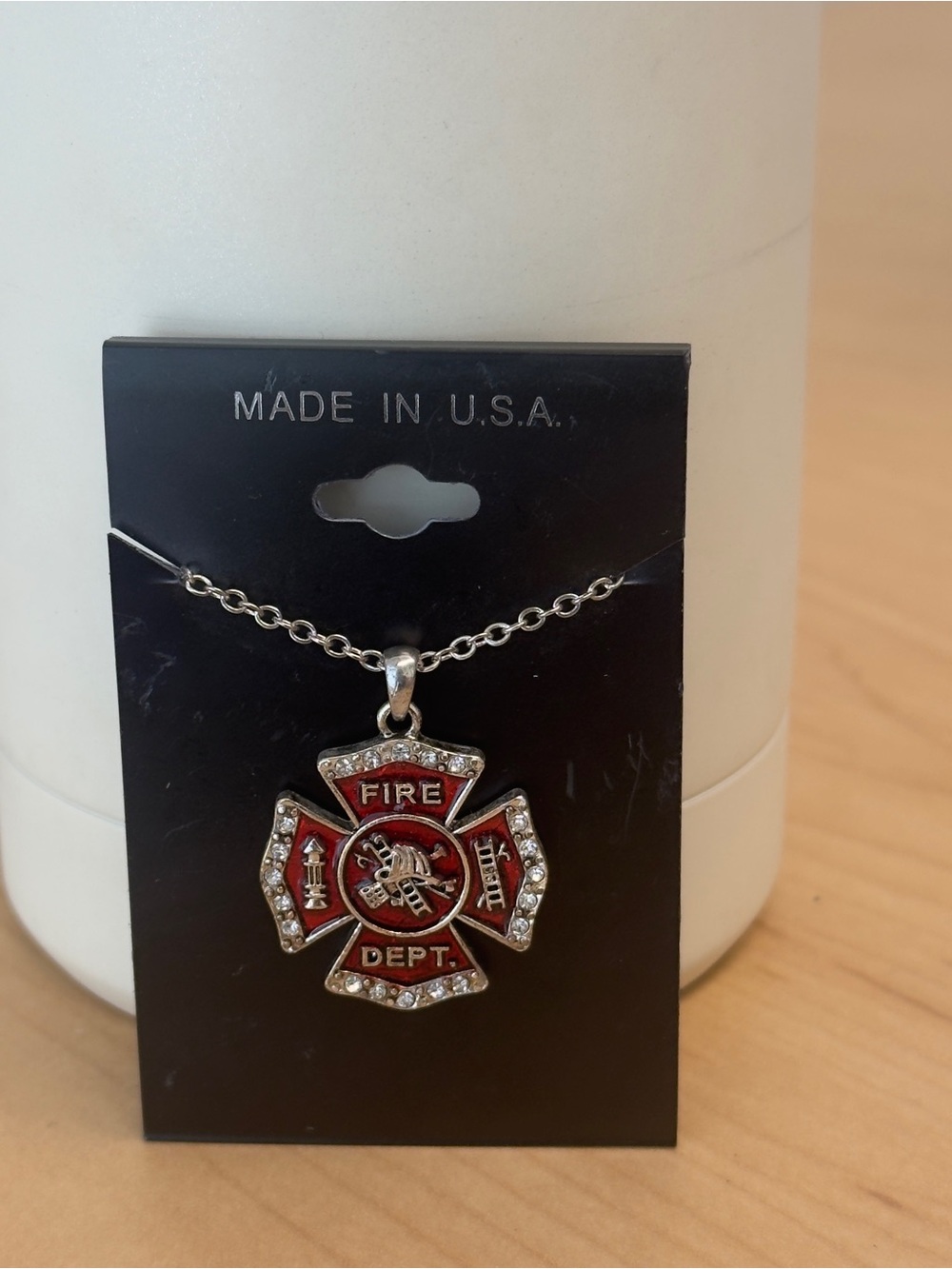 NEW Fire Dept Red Maltese Cross Pendant Silver Necklace Made in USA